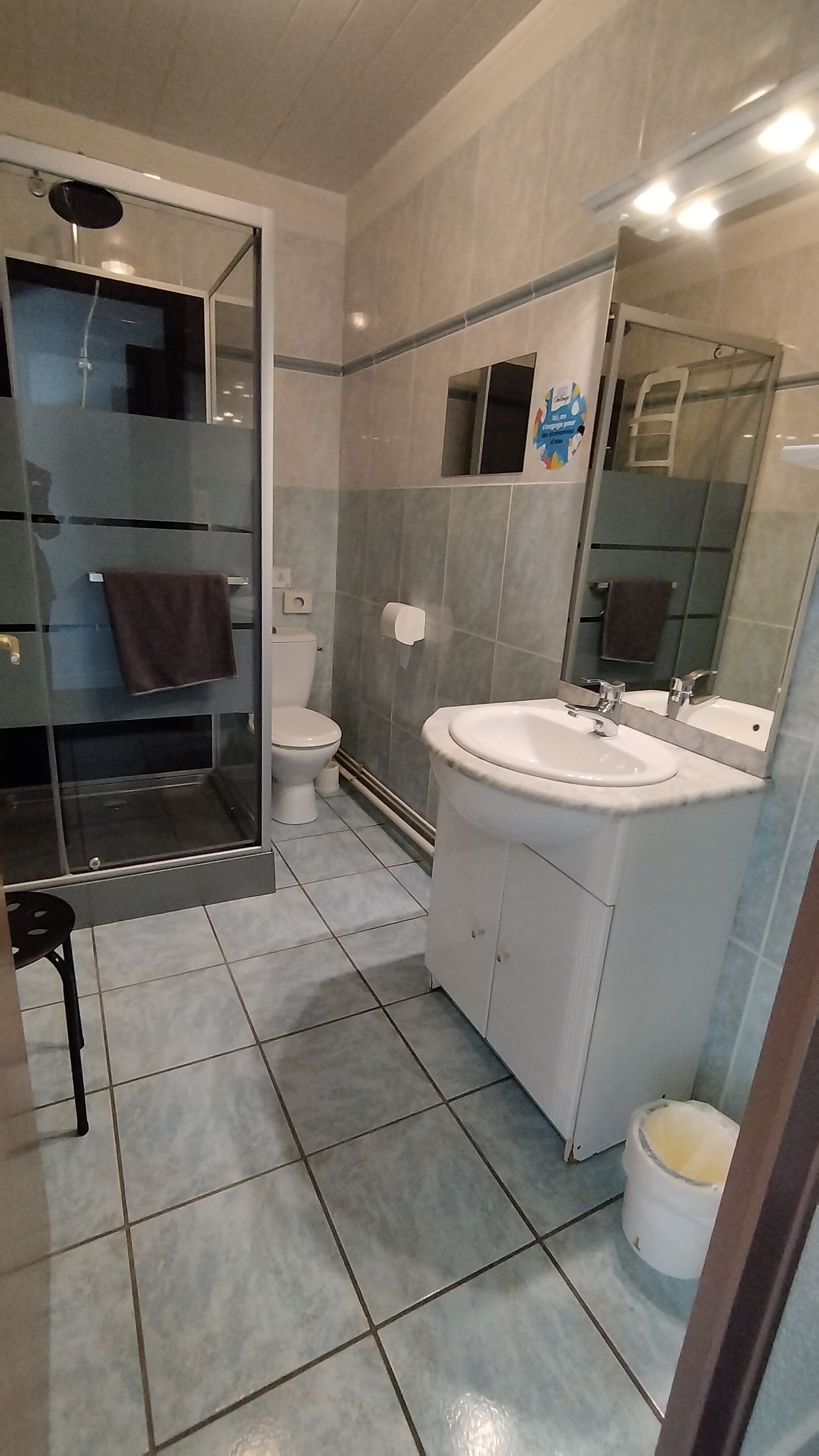 A bathroom with a toilet, sink, and shower.
