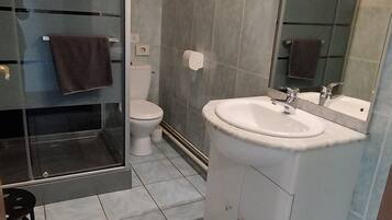 A bathroom with a toilet, sink, and shower.