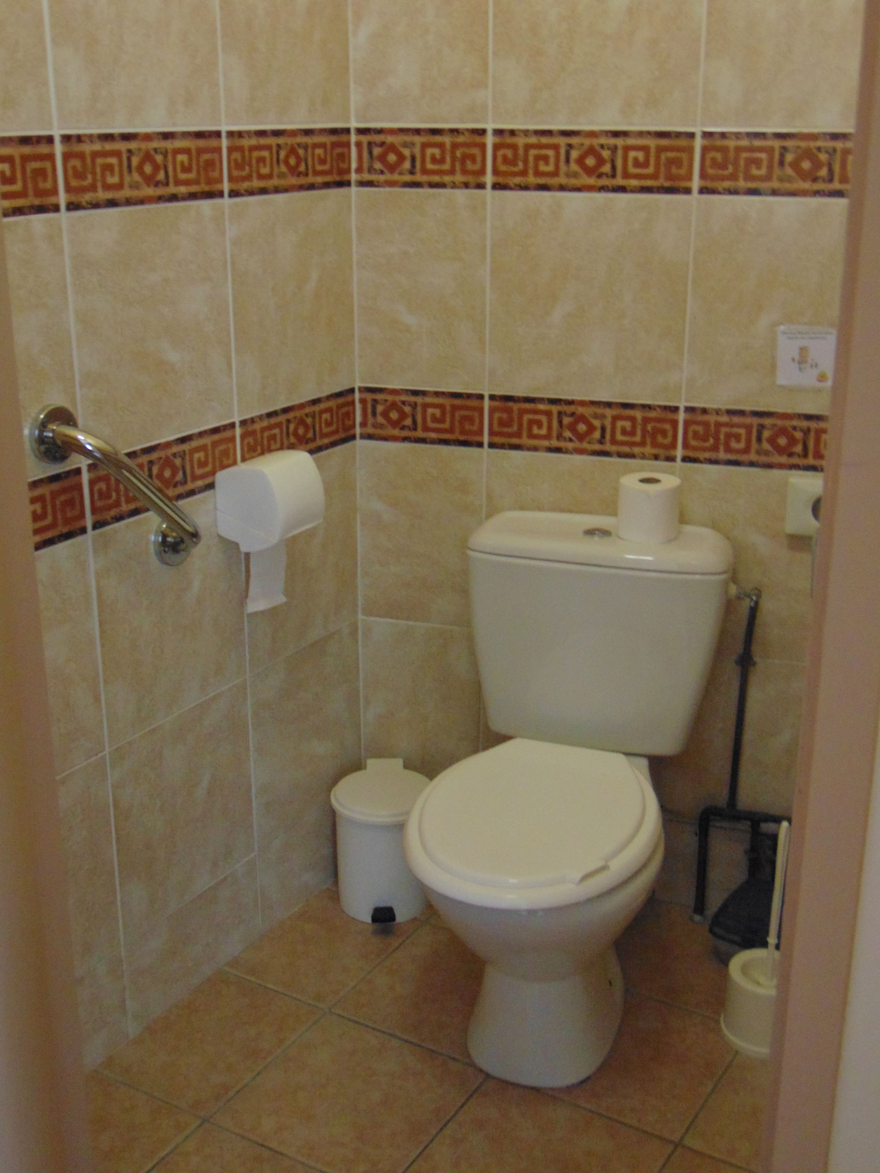 A bathroom with a toilet, a bidet, and a handrail.