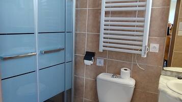 Un baño con inodoro, ducha con puertas de vidrio, toallero y espejo.