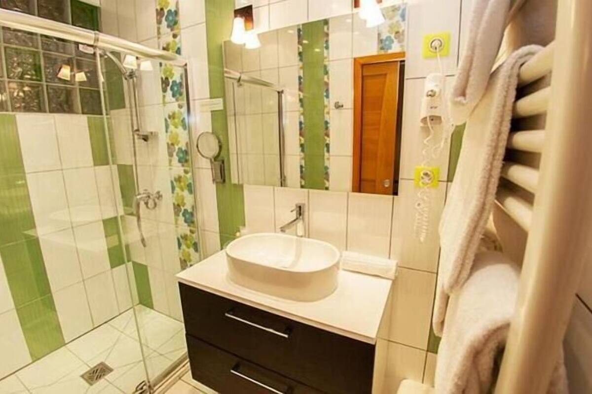 family room | bathroom | shower, free toiletries, hair dryer, towels