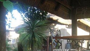 A patio area with a metal bench, a potted plant, and a stone pathway. - African Tribes Guest Lodge & Conference (Kempton Park)