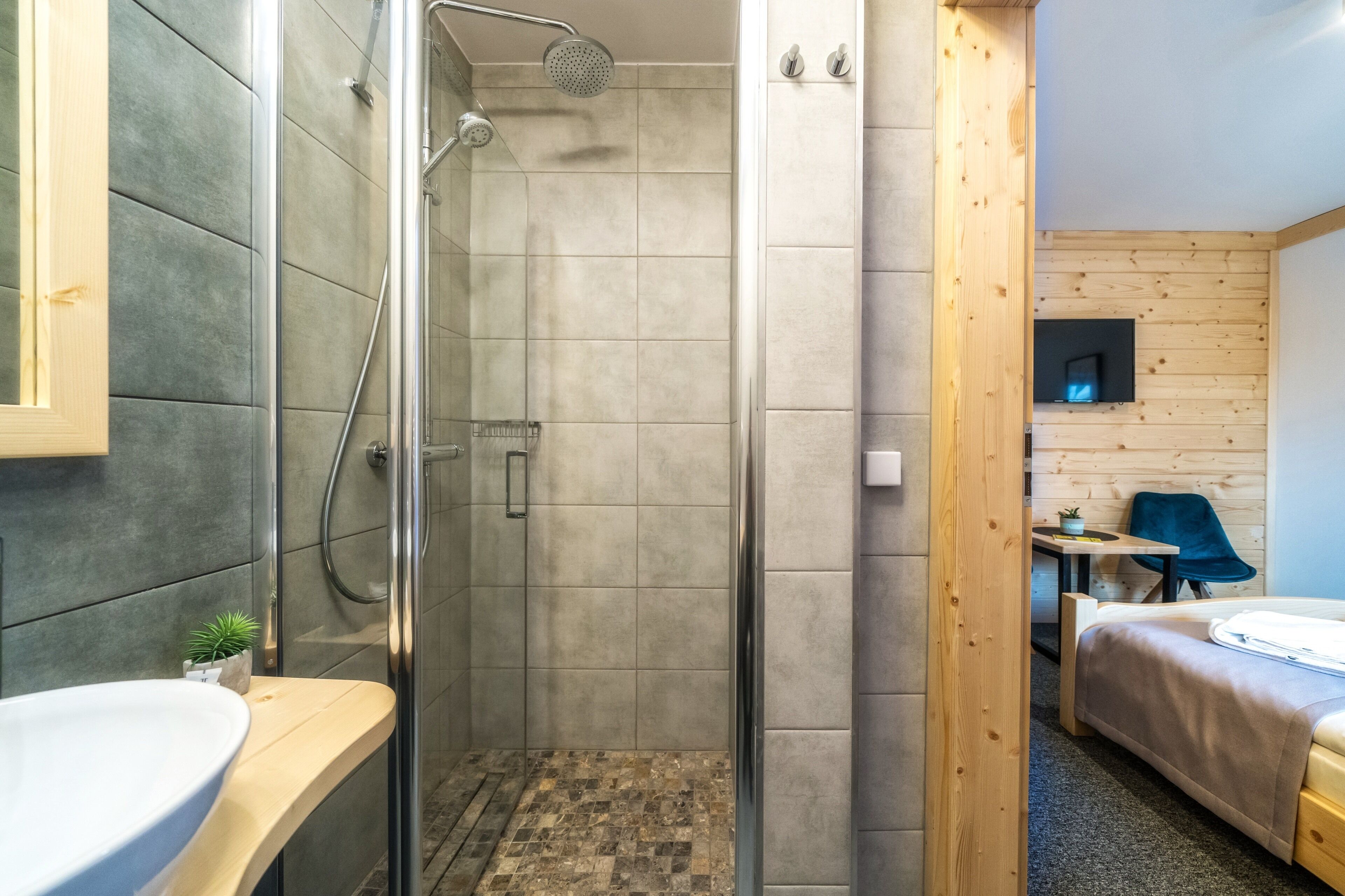 A modern bathroom with a shower, a sink, and a small plant.