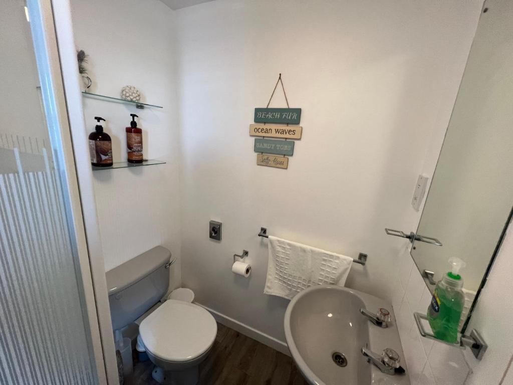 Un baño con inodoro, lavamanos y estantes con artículos de aseo.