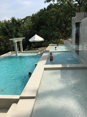 Indoor pool, outdoor pool, pool loungers