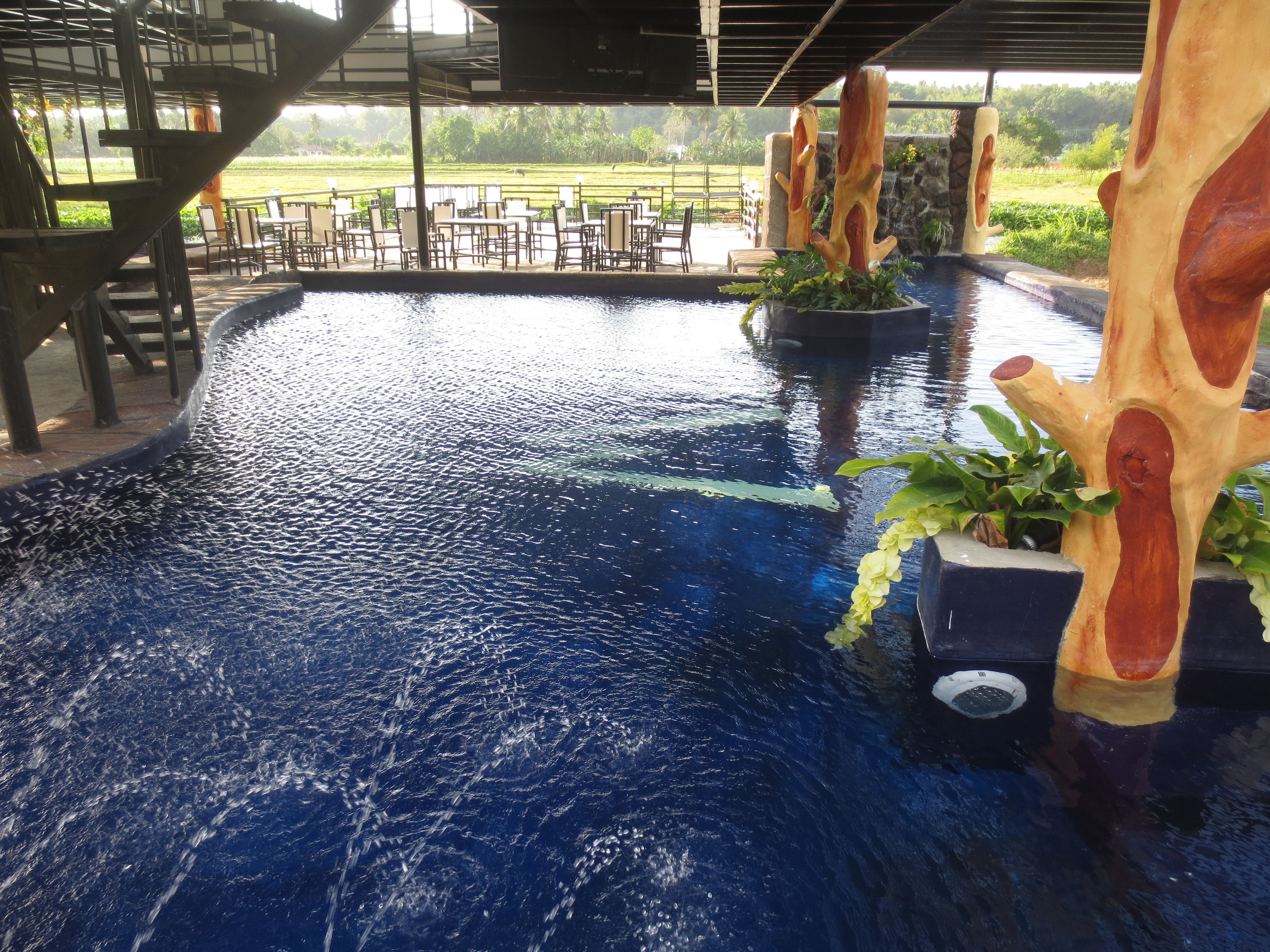 An indoor swimming pool with a view of a green landscape.