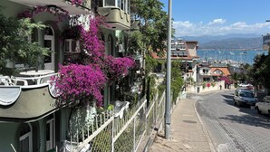 A coastal street with buildings featuring balconies adorned with pink bougainvillea flowers. - Ideal Pansiyon (Fethiye)