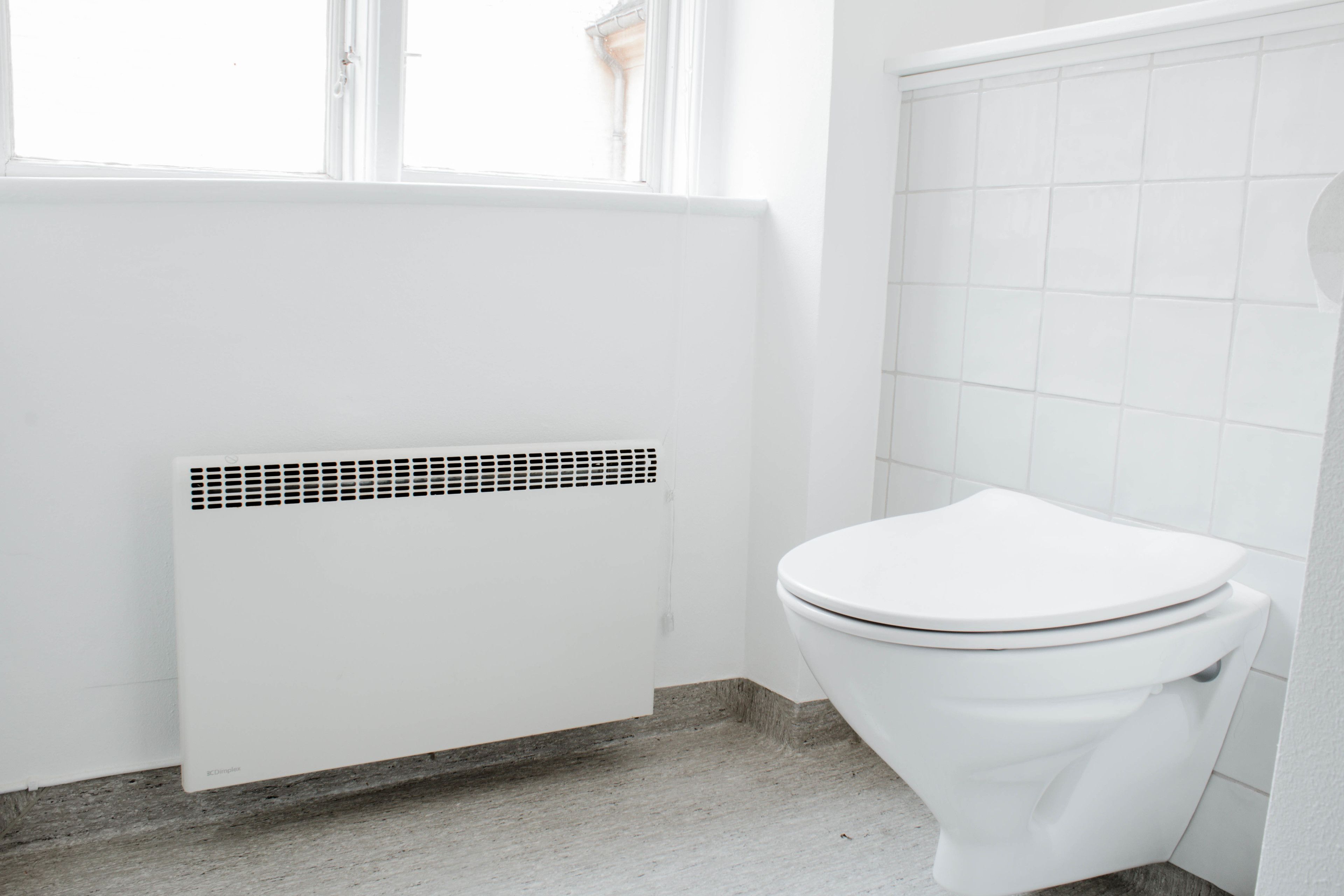 Et badeværelse med en hvid radiator, et hvidt toilet og en flisebeklædt væg.