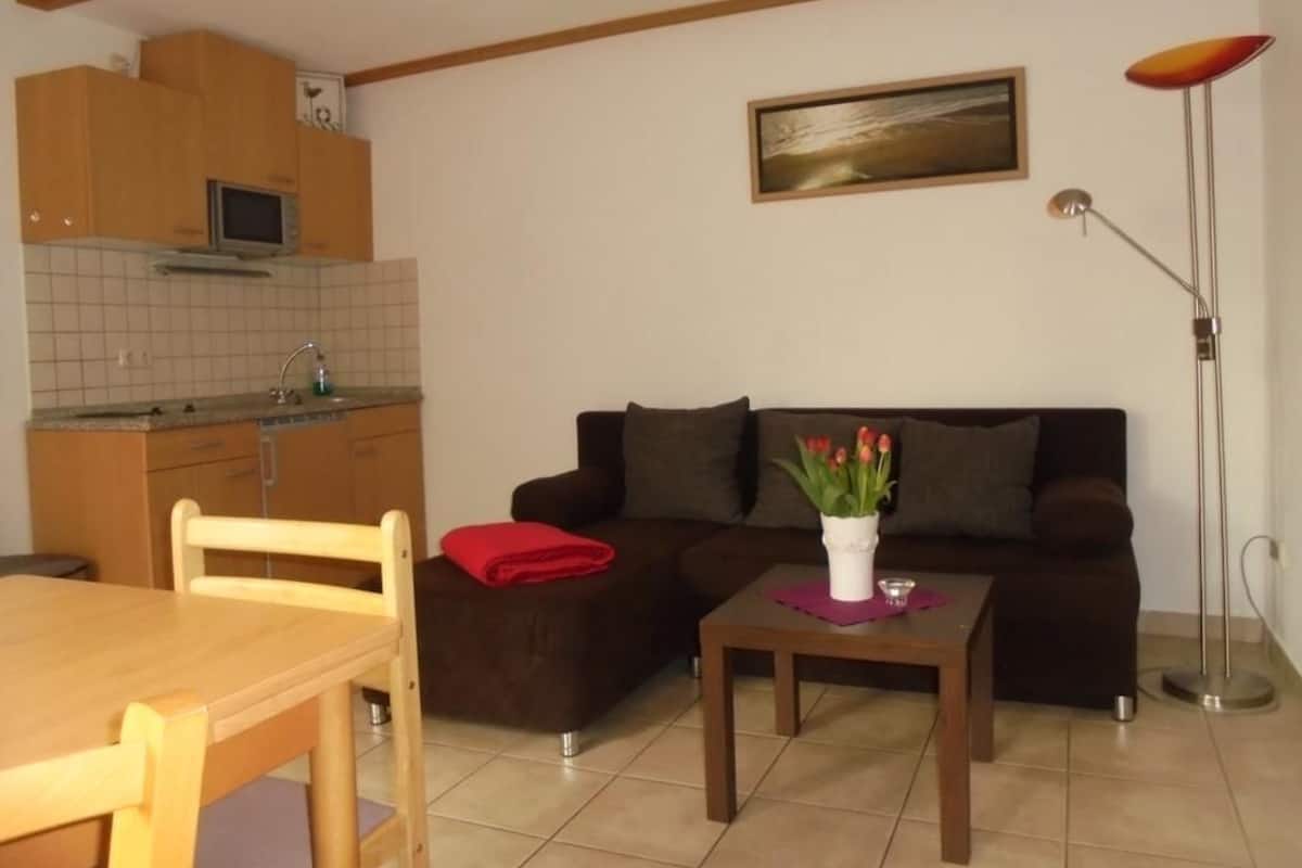 A compact living space with a kitchenette, a dining table, a sofa, and a floor lamp.