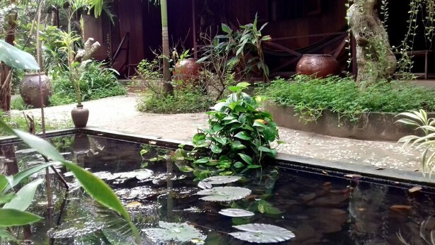 Un jardín tranquilo con un estanque, plantas en macetas y una estructura con techo de paja.