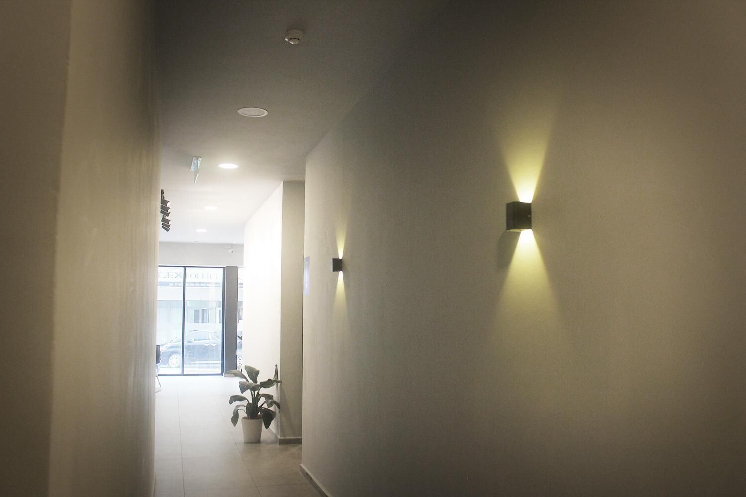 A hallway with a potted plant, recessed lighting, and a door leading to a room.