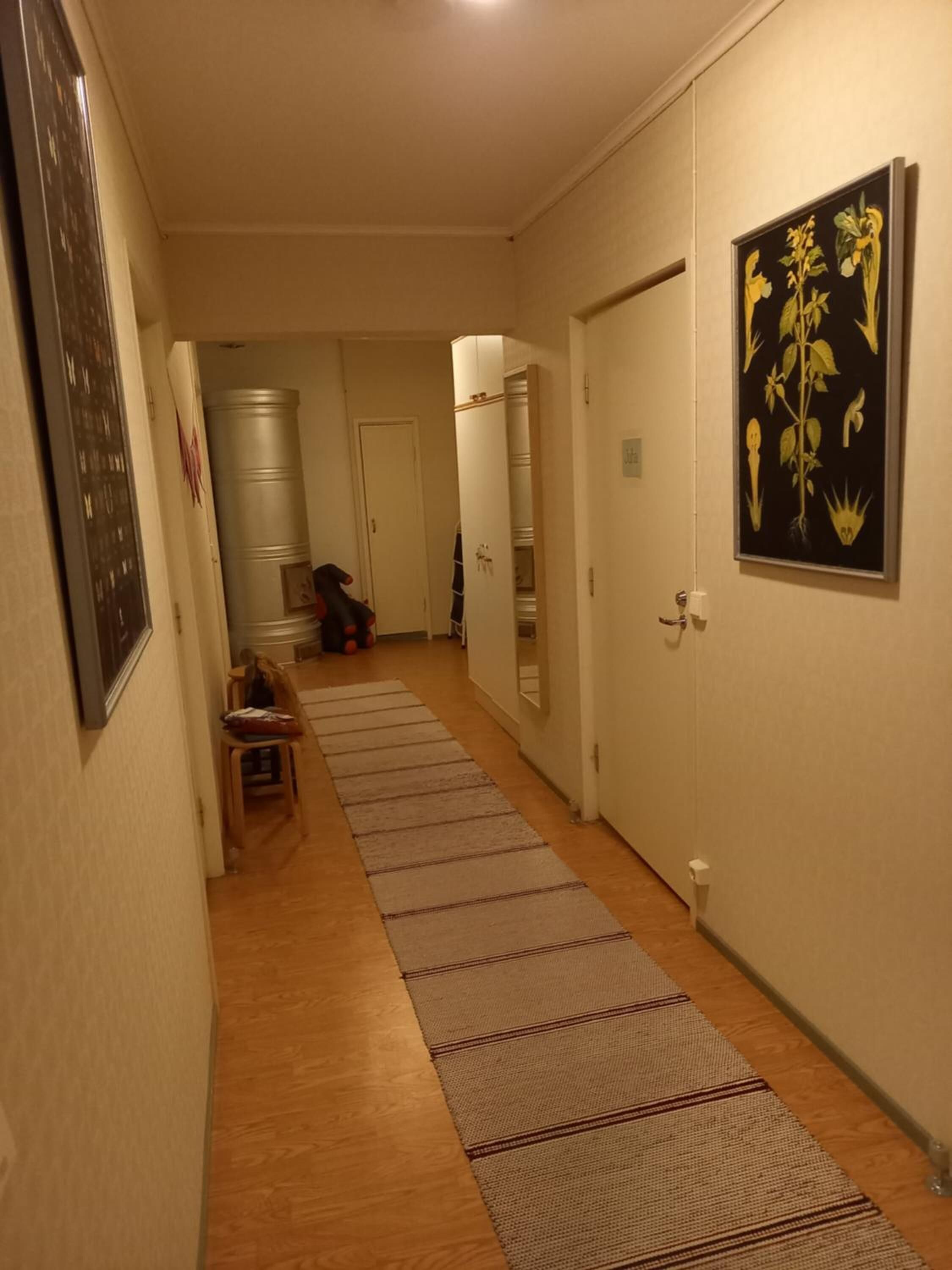 A narrow hallway with wooden flooring, a striped rug, and a door at the end.