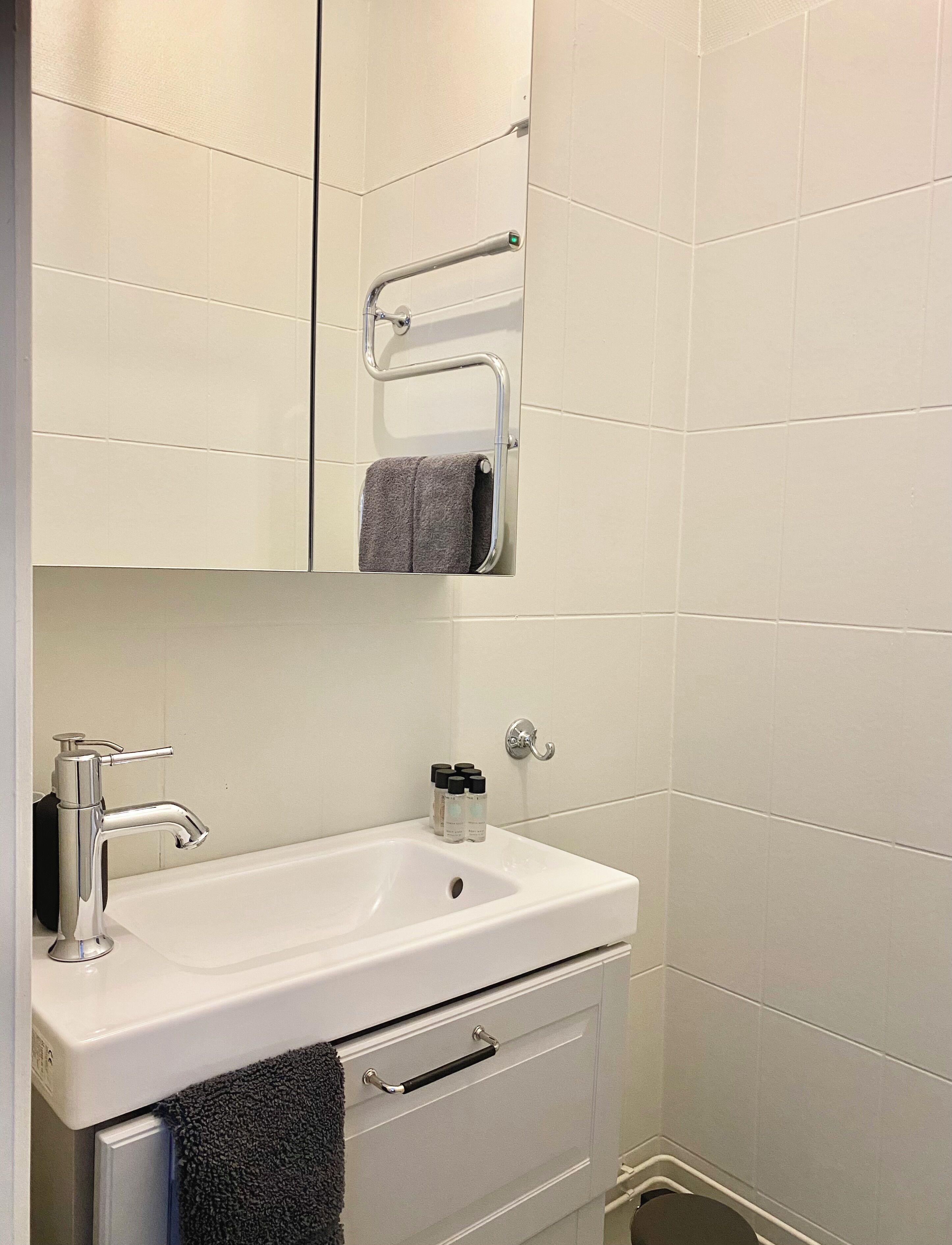 A bathroom with a white sink, a towel rack, a mirror, and a cabinet.