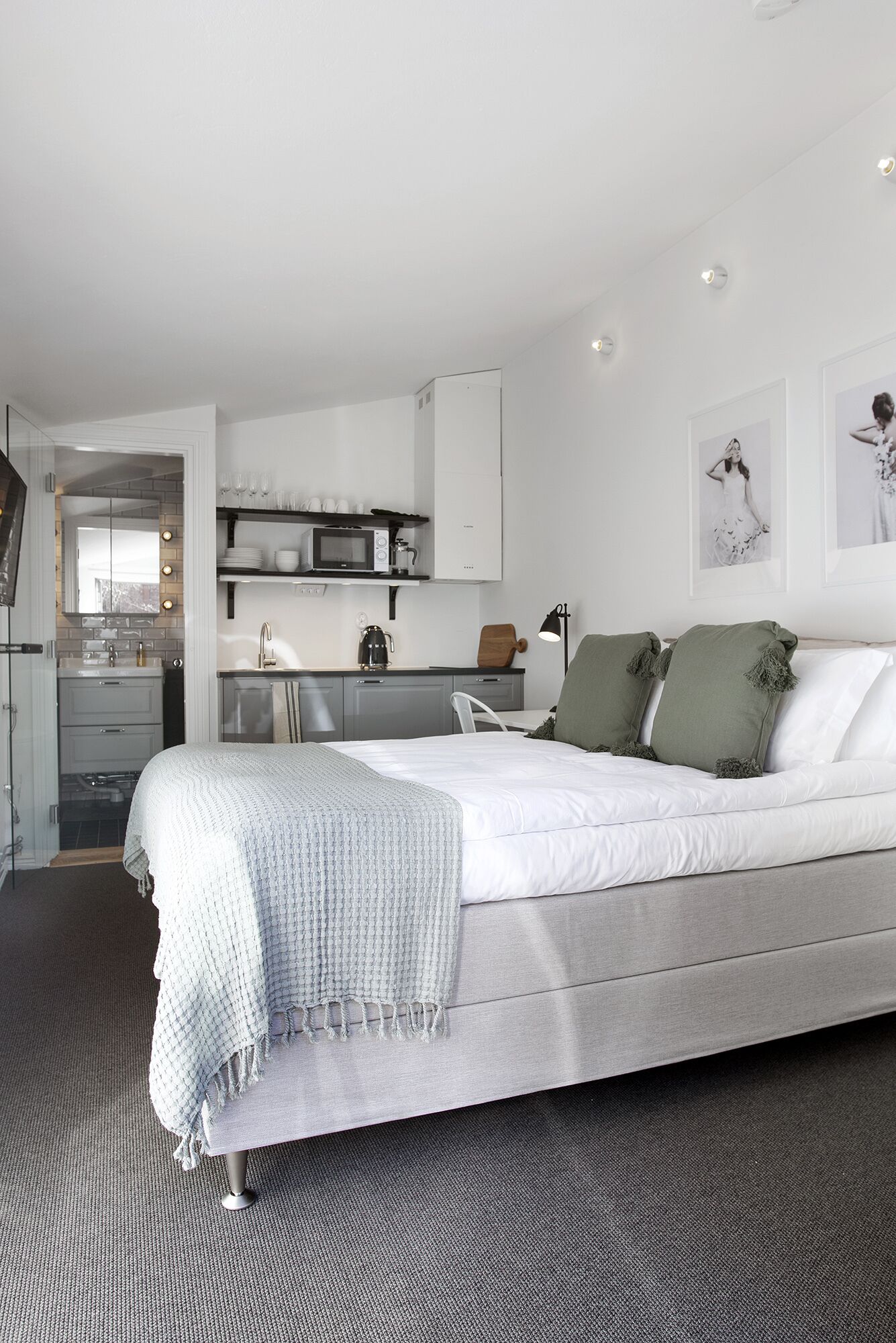 A modern bedroom with a large bed, a kitchenette, and a bathroom.