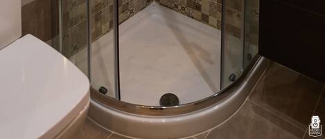 Una ducha con paredes de vidrio, azulejos con diseños, un inodoro blanco y un lavamanos con espejo.