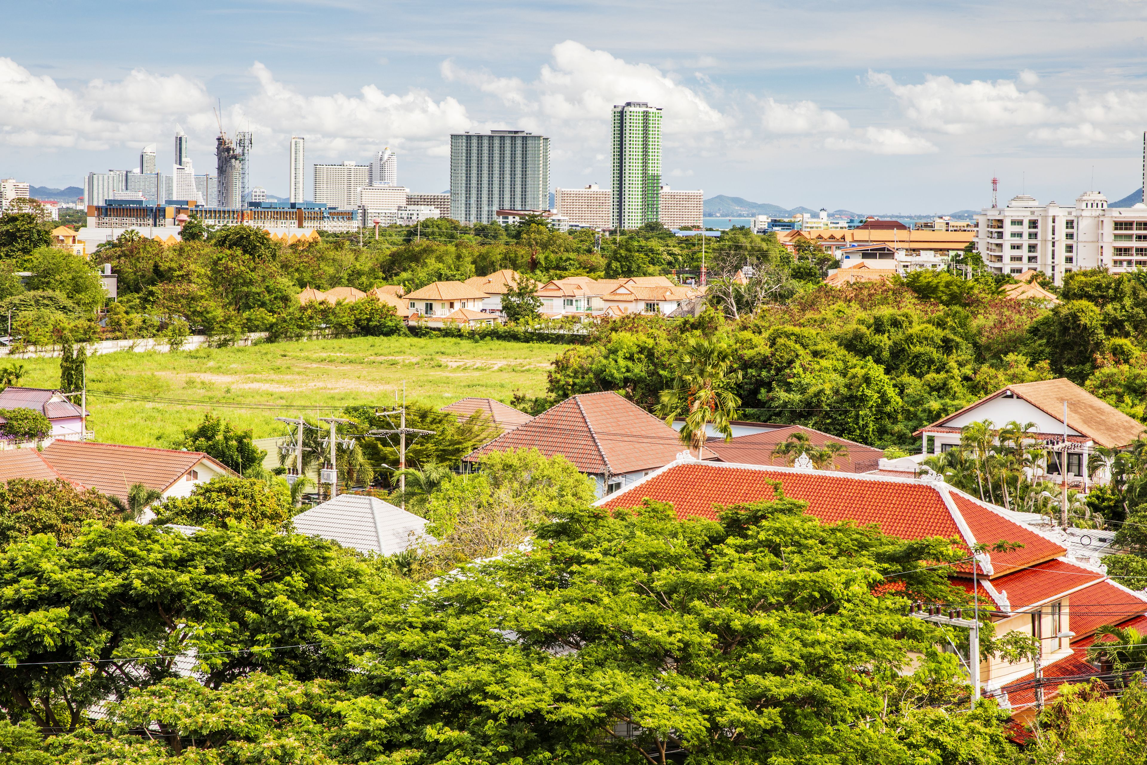 A residential area with houses, some with red roofs, and a city skyline with tall buildings in the background.