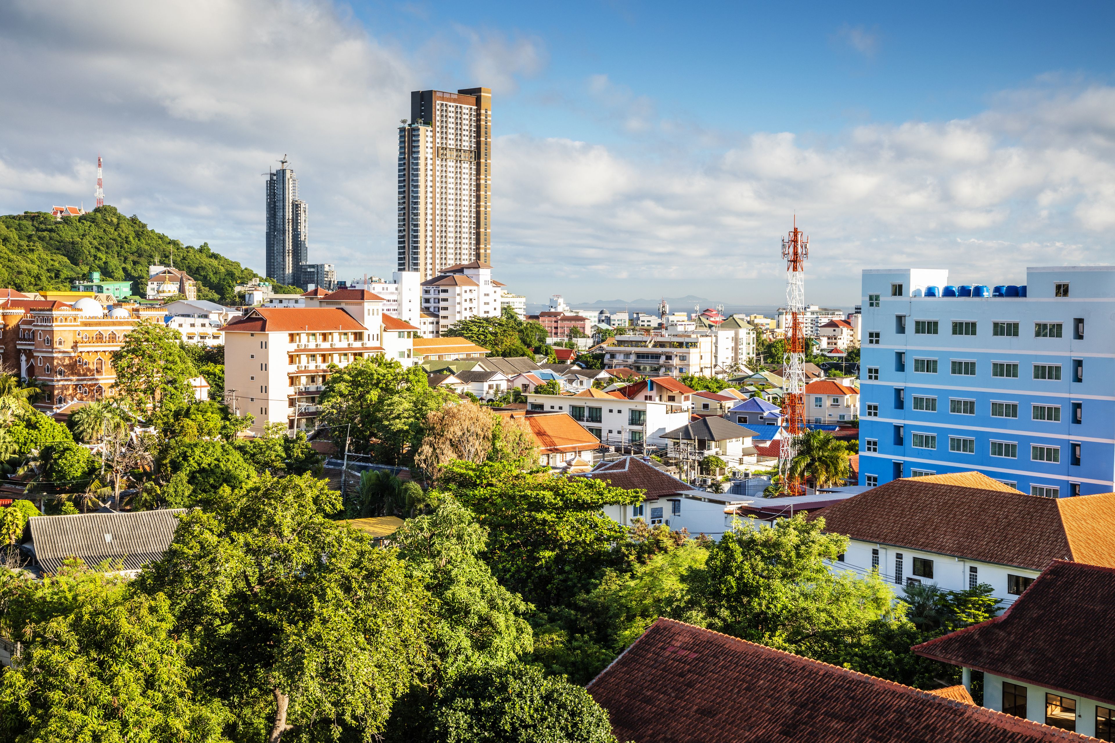 A cityscape with a mix of modern and traditional buildings, including a prominent tall skyscraper and a variety of residential structures.