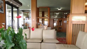 A spacious living area with a beige sofa set, a large potted plant, and a patterned rug. - Hotel Quadrifoglio (Comacchio)