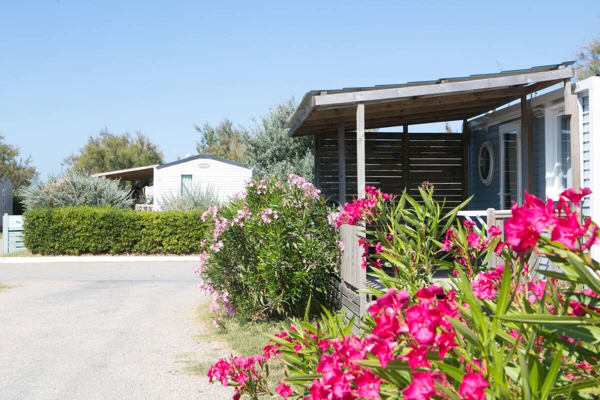 Une maison mobile dotée d’un porche abrité, entourée de verdure et de fleurs roses.