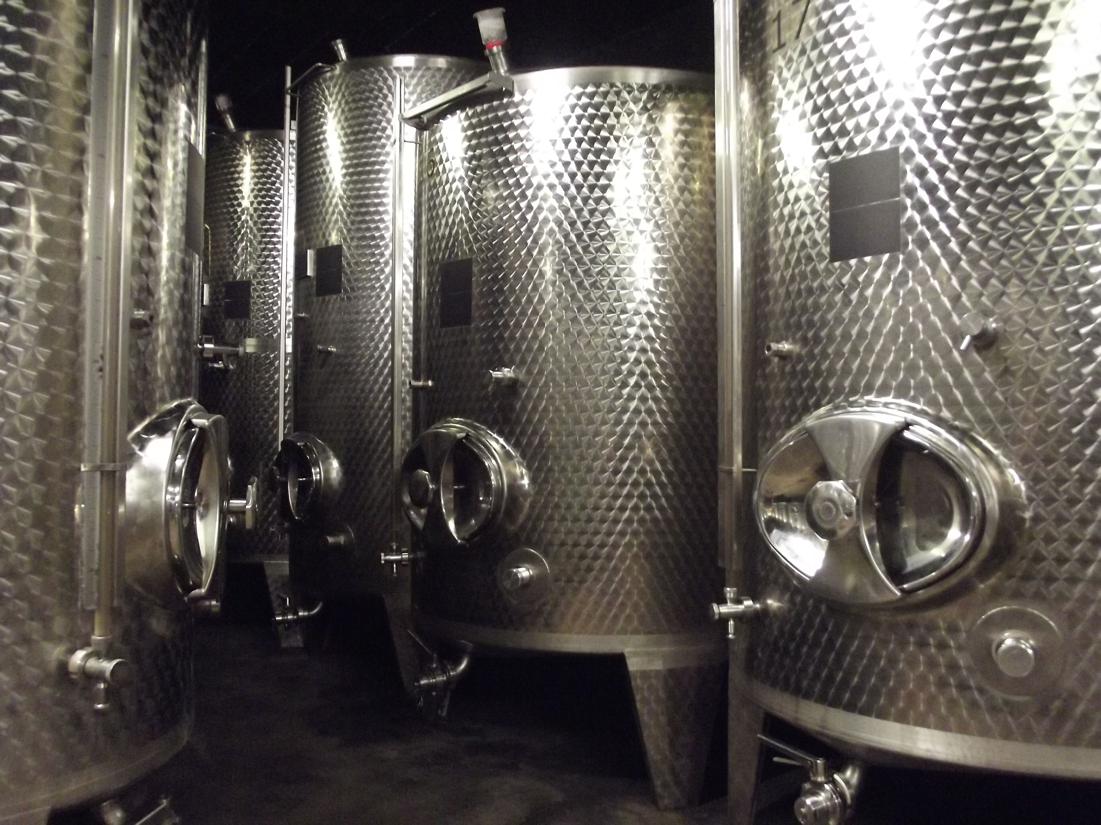 Tanques de fermentación de acero inoxidable con válvulas y tuberías, probablemente utilizados en procesos de elaboración o fermentación.