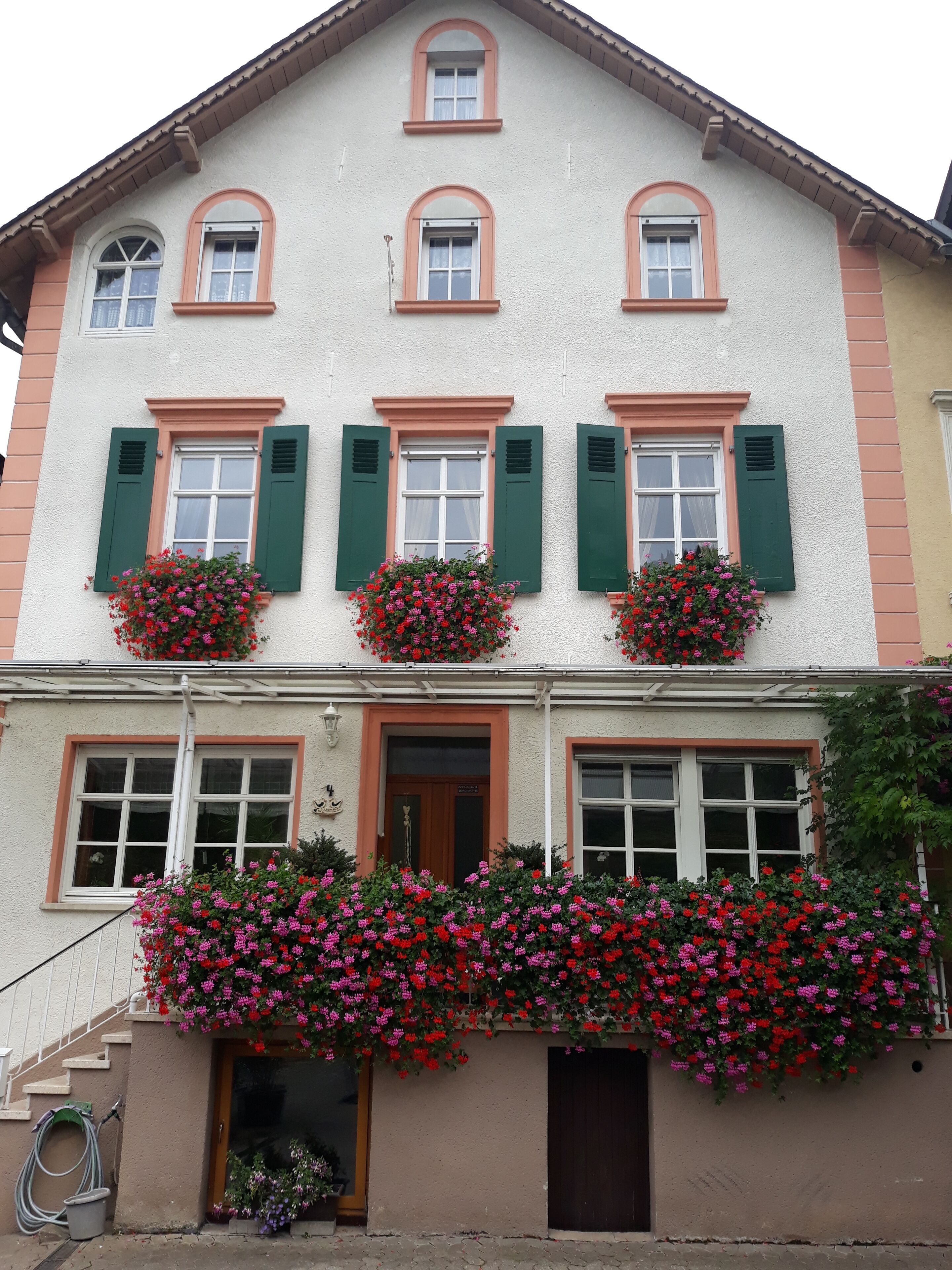 A two-story building with a symmetrical facade, featuring a central entrance with a wooden door, flanked by windows with green shutters.