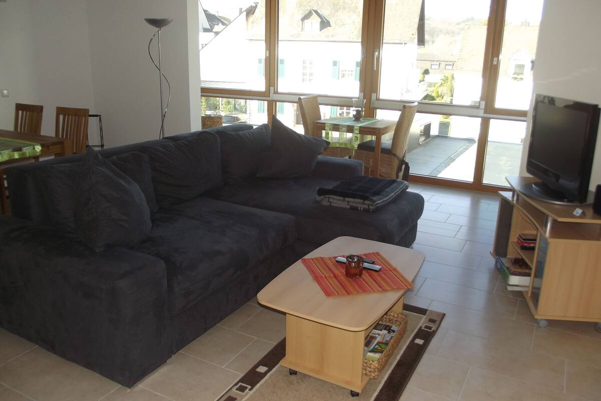 Un salon avec un canapé de couleur sombre, une table basse en bois et un téléviseur posé sur un meuble.