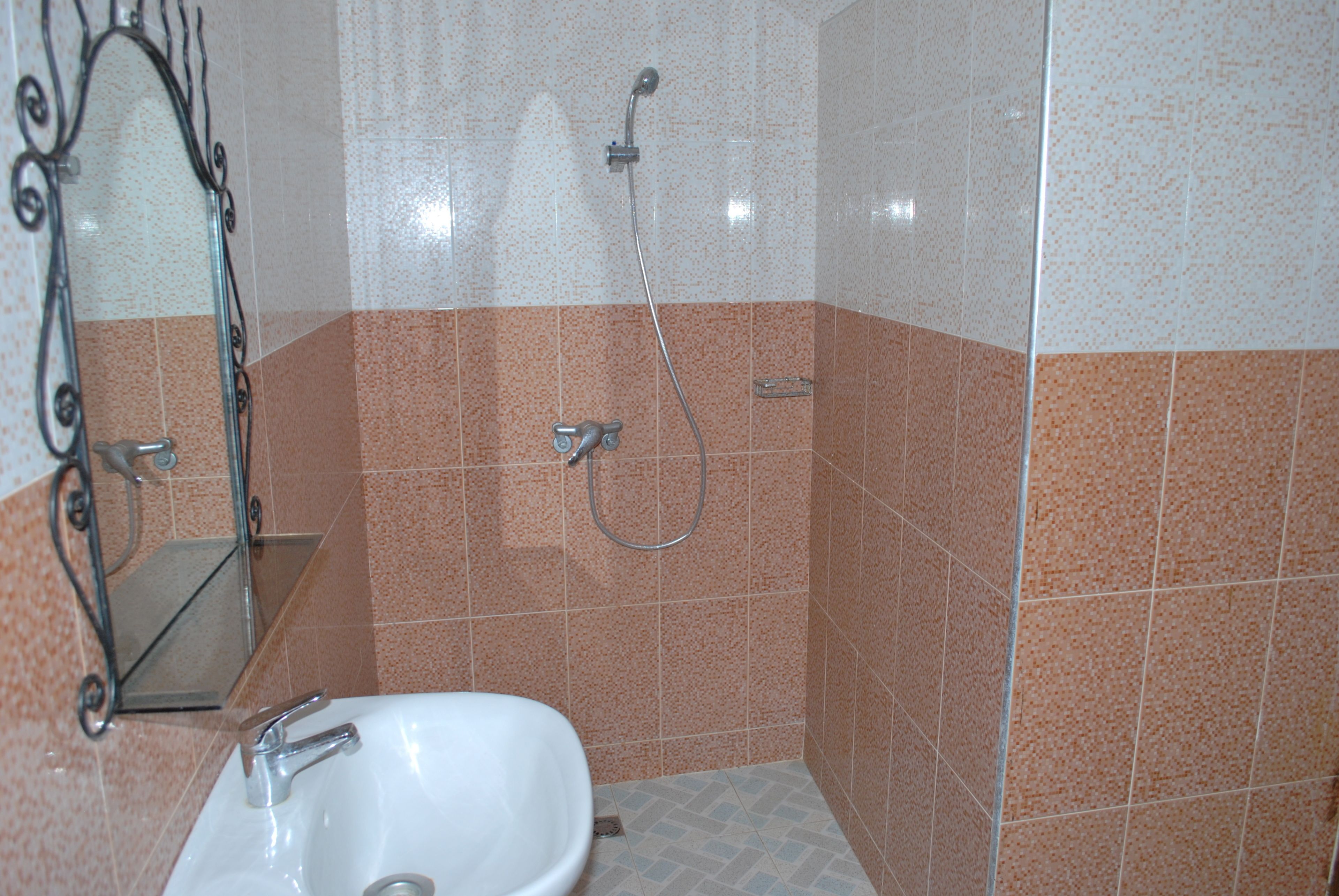 Un baño con lavamanos, espejo y ducha.