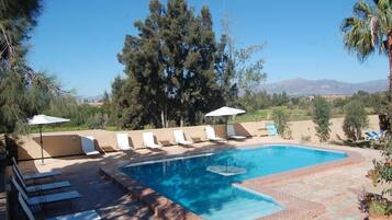 Útilaug, sólhlífar, sólstólar