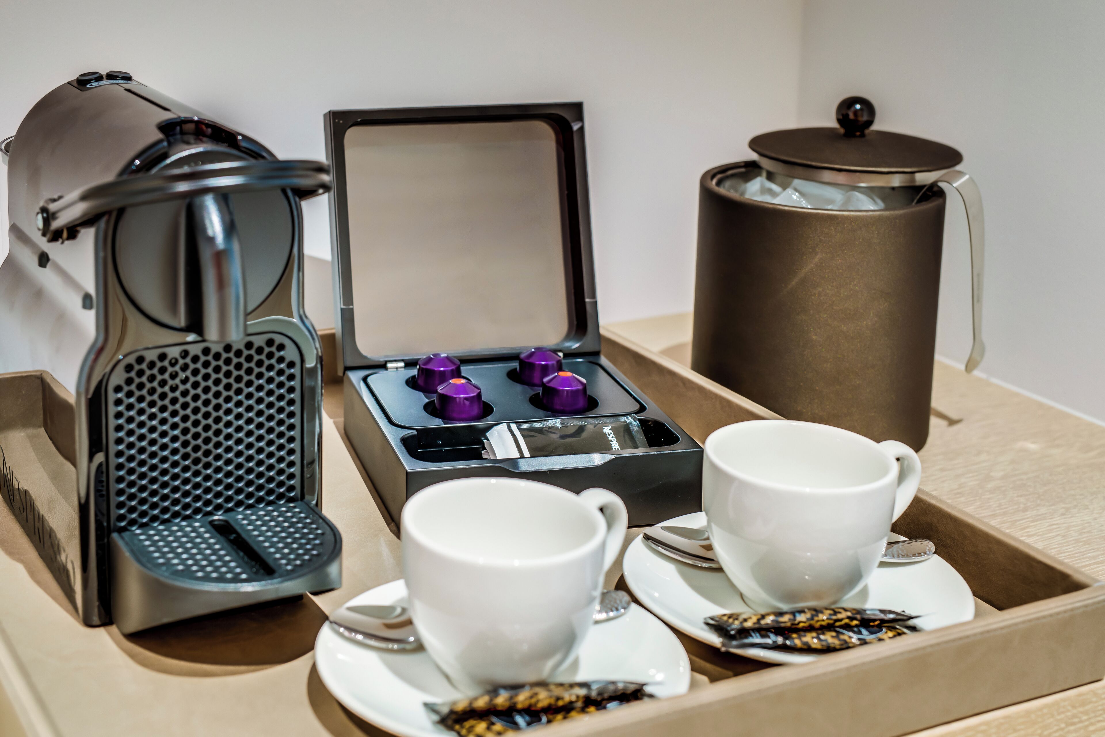 Una bandeja con una cafetera, una prensa francesa, dos tazas y un juego de té.