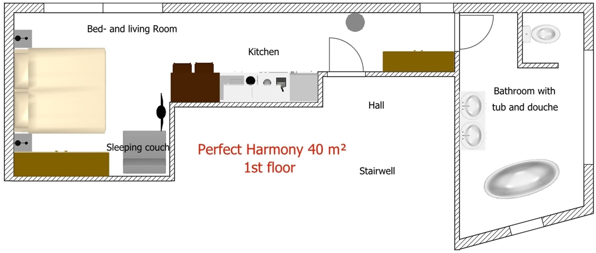 A 40 m² 1st floor layout including a bed and living room, kitchen, hall, bathroom with tub and douche, and a stairwell.