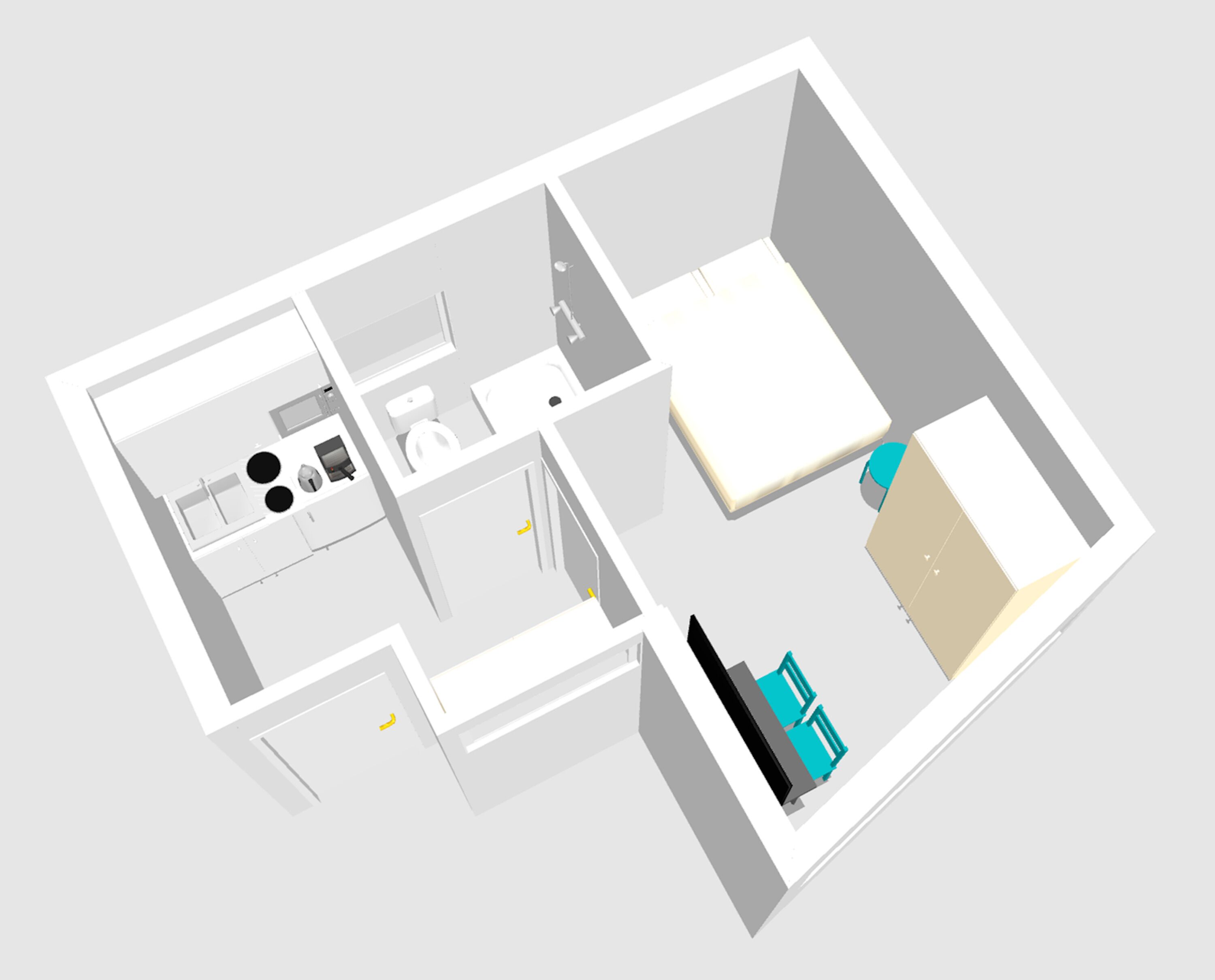 A 3D floor plan of a hotel room with a kitchenette, a separate bathroom, and a small seating area.