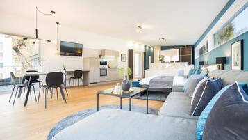 Flat-screen TV, heated floors, streaming services