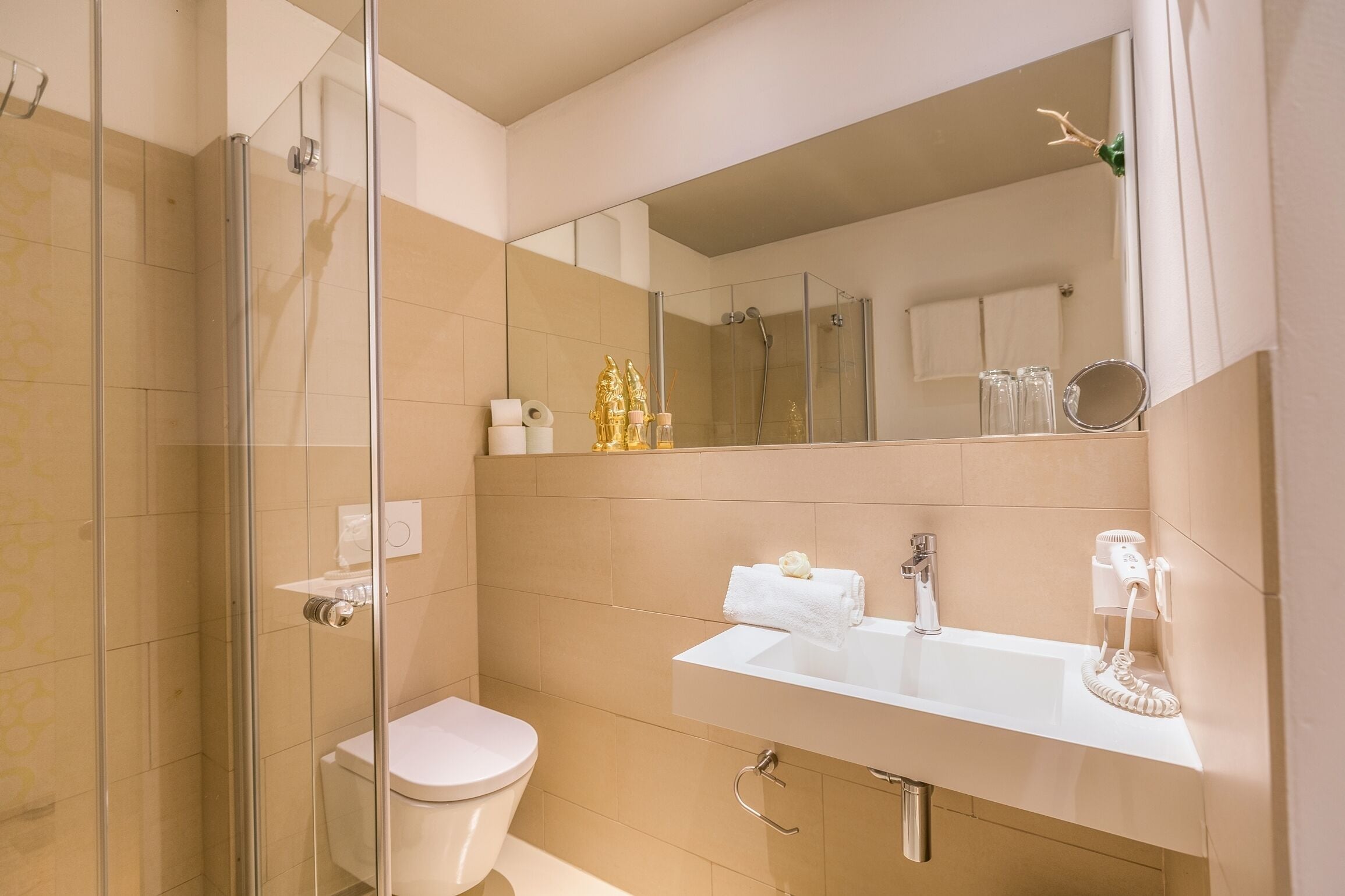 A modern bathroom with a glass shower enclosure, a white sink, and a large mirror.