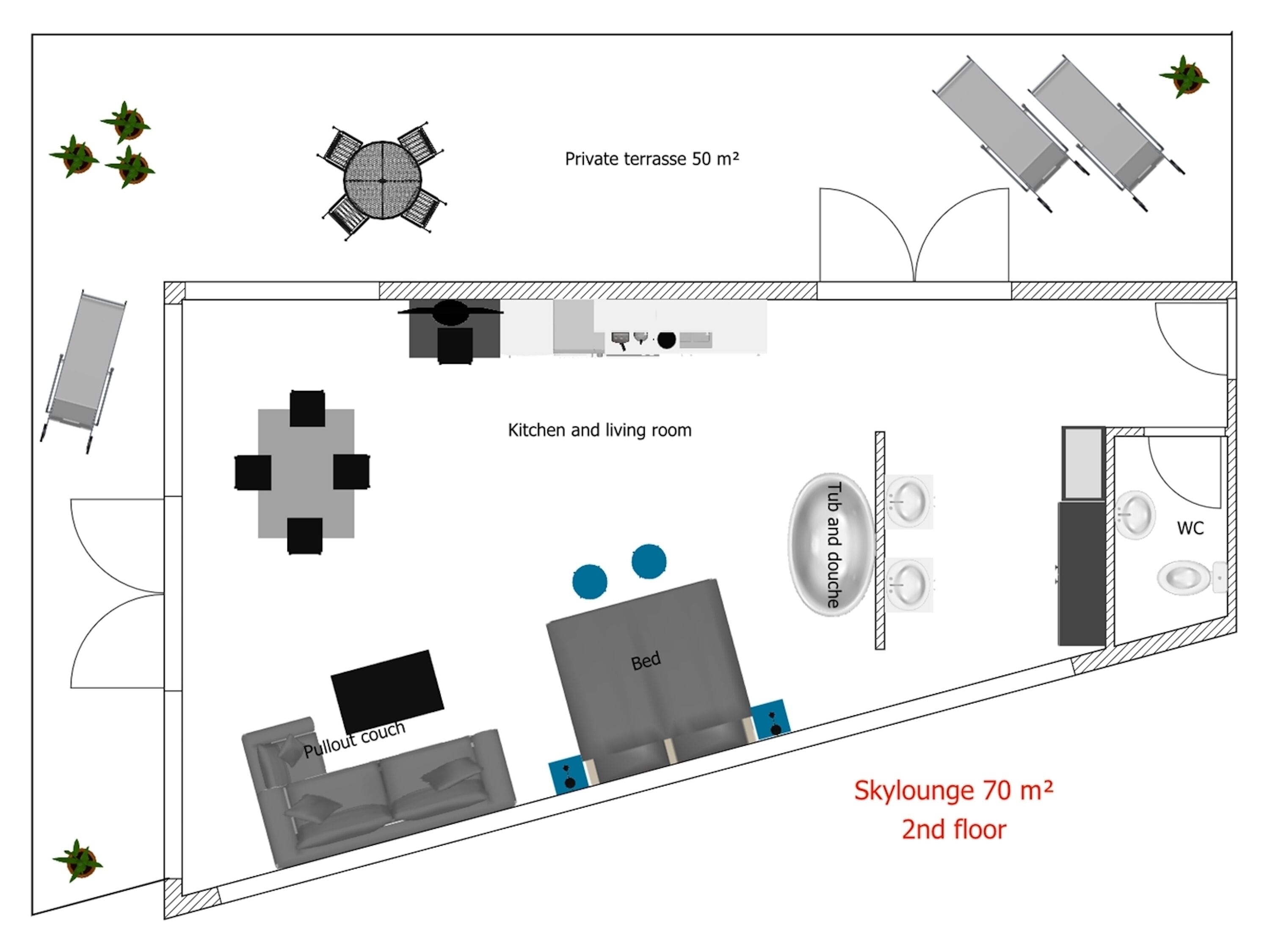 A 2nd floor layout with a skylounge (70 m²), a private terrace (50 m²), a kitchen and living room, a bed, a pullout couch, and a toilet.