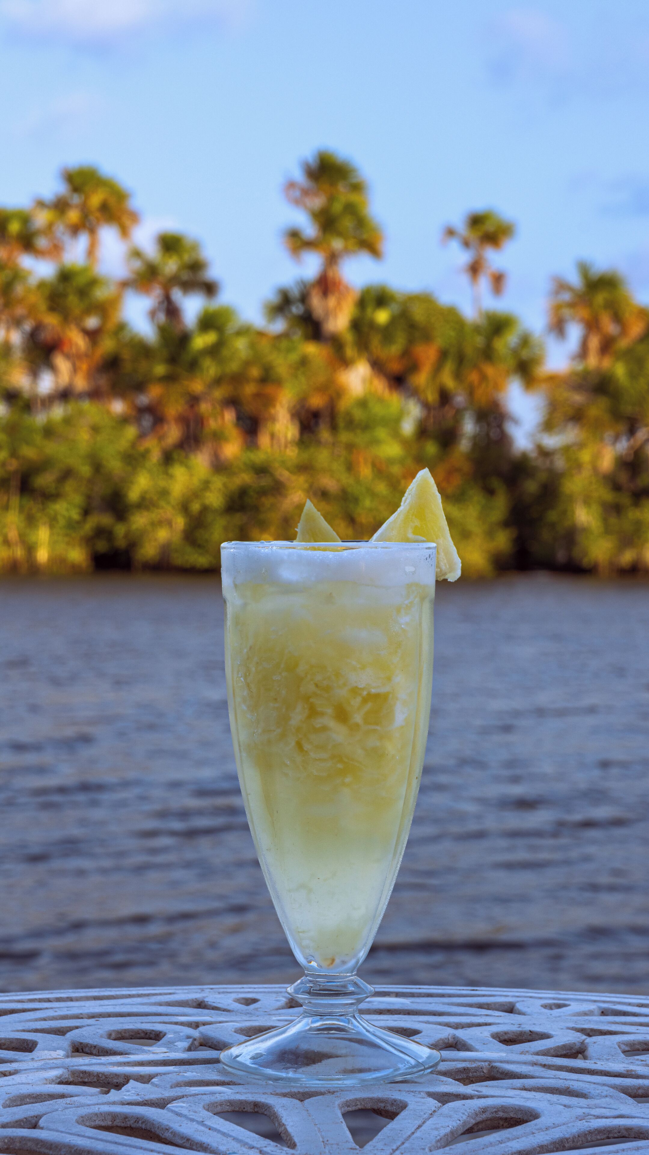 Un verre contenant une boisson claire, orné d’une tranche de citron, est posé sur une table dont le plateau présente un motif métallique, le tout se détachant sur un arrière-plan composé d’une étendue d’eau et d’arbres.
