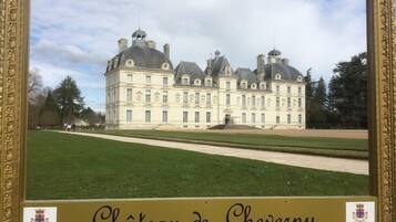 The Château de Cheverny, a large, historic building with multiple towers and a symmetrical facade.