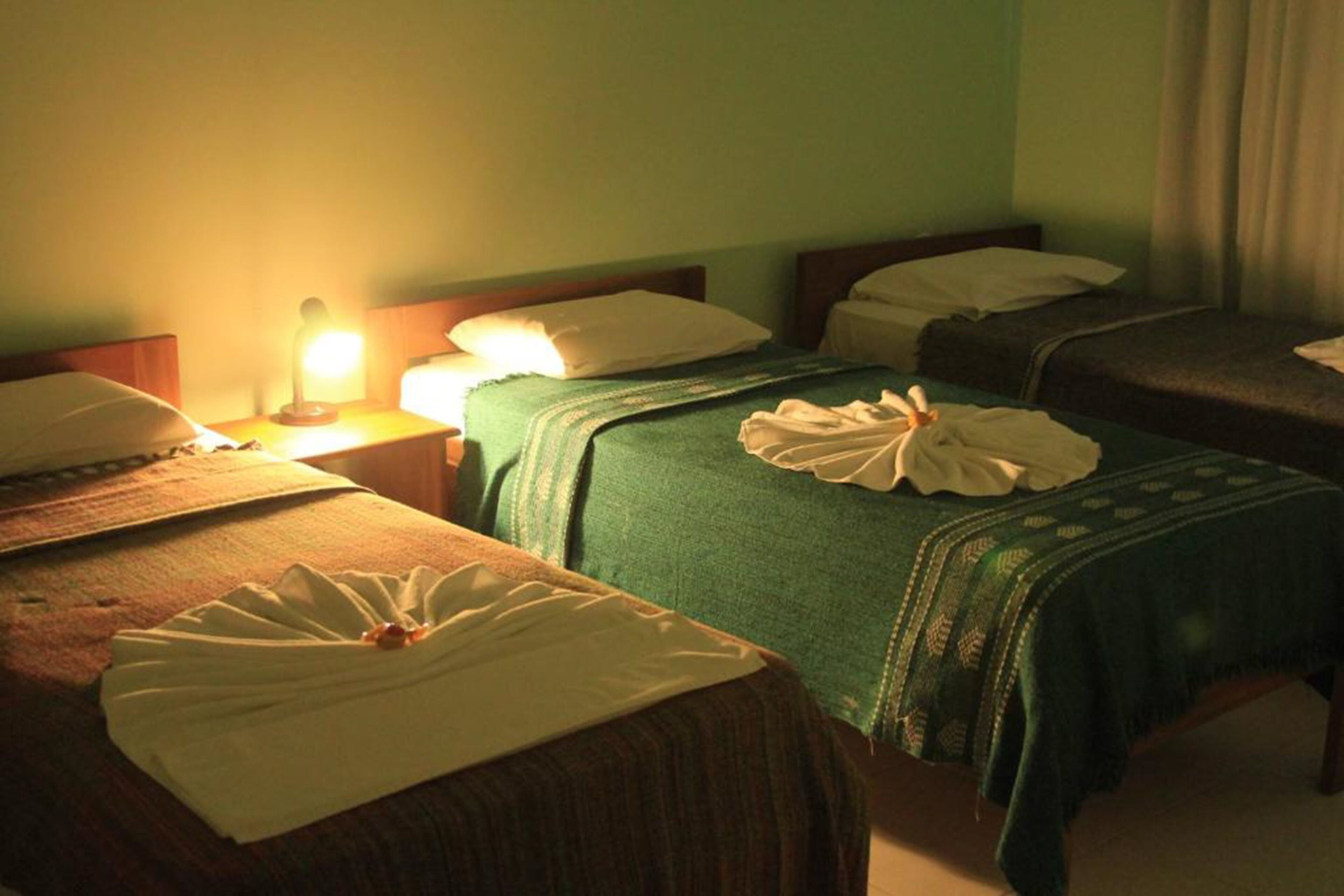 A hotel room with two single beds, each with a green blanket and white pillows. There is a nightstand with a lamp between the beds.