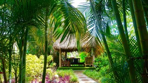 A tropical garden with a thatched-roof gazebo, a paved pathway, and lush greenery. - Riverside by the Beach Apartments (Pompano Beach)