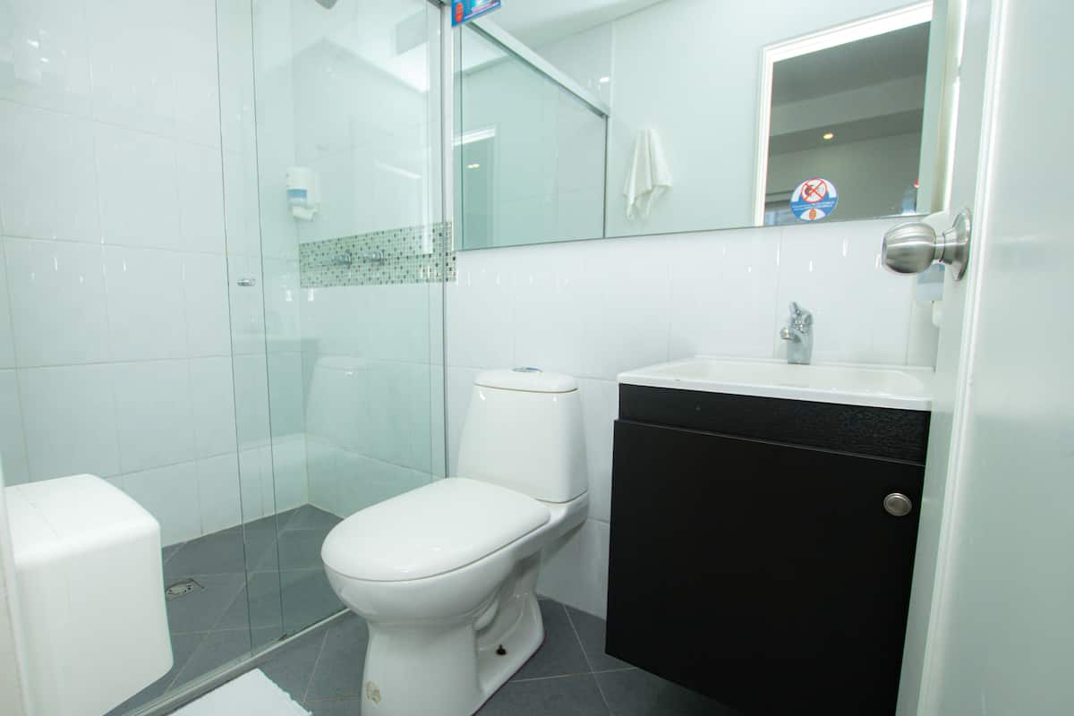 shower, free toiletries, towels