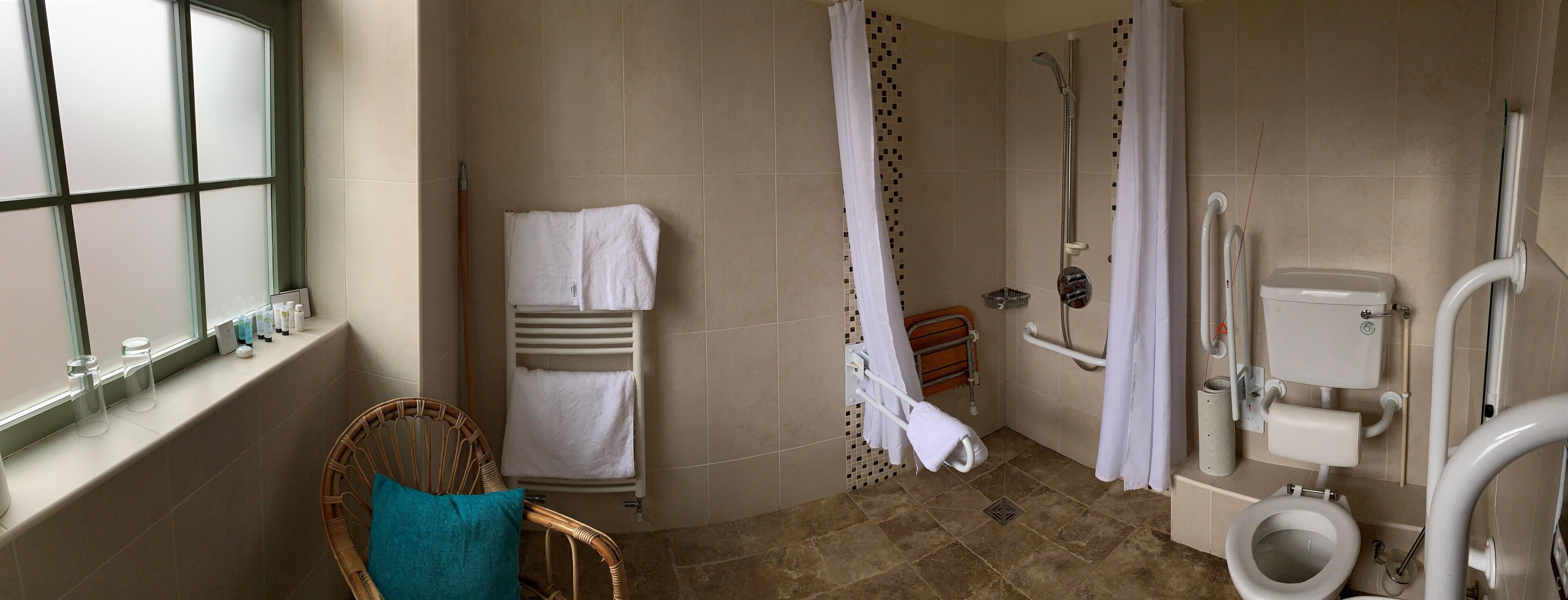 A bathroom with a shower, toilet, and a window with a view.