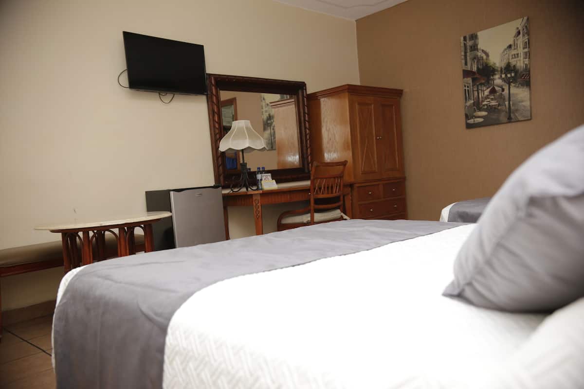 Una habitación de hotel con una cama, un escritorio, una silla, un televisor y un cuadro en la pared.