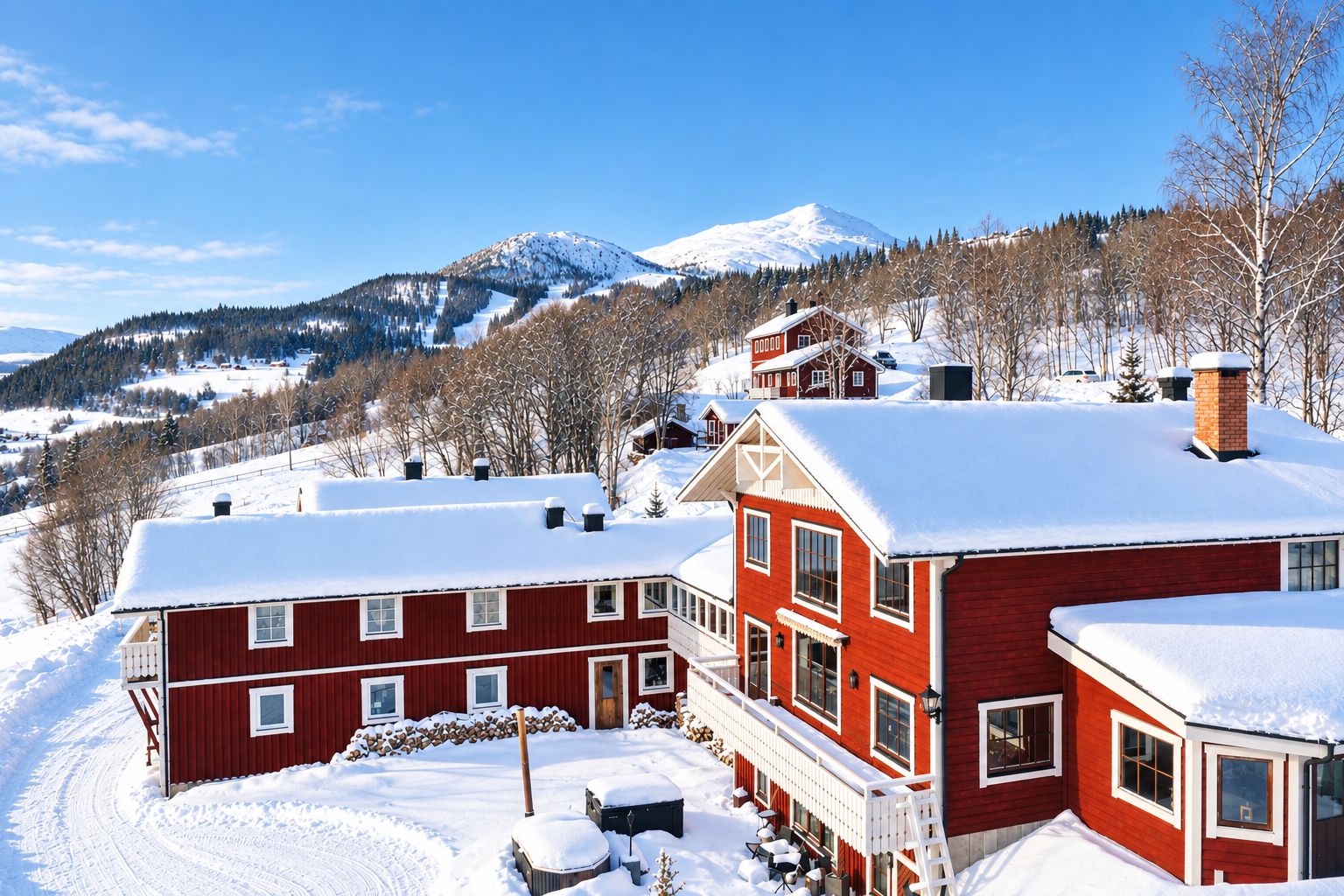 Un edificio de madera rojo con techo nevado, rodeado por un paisaje invernal y una montaña al fondo.