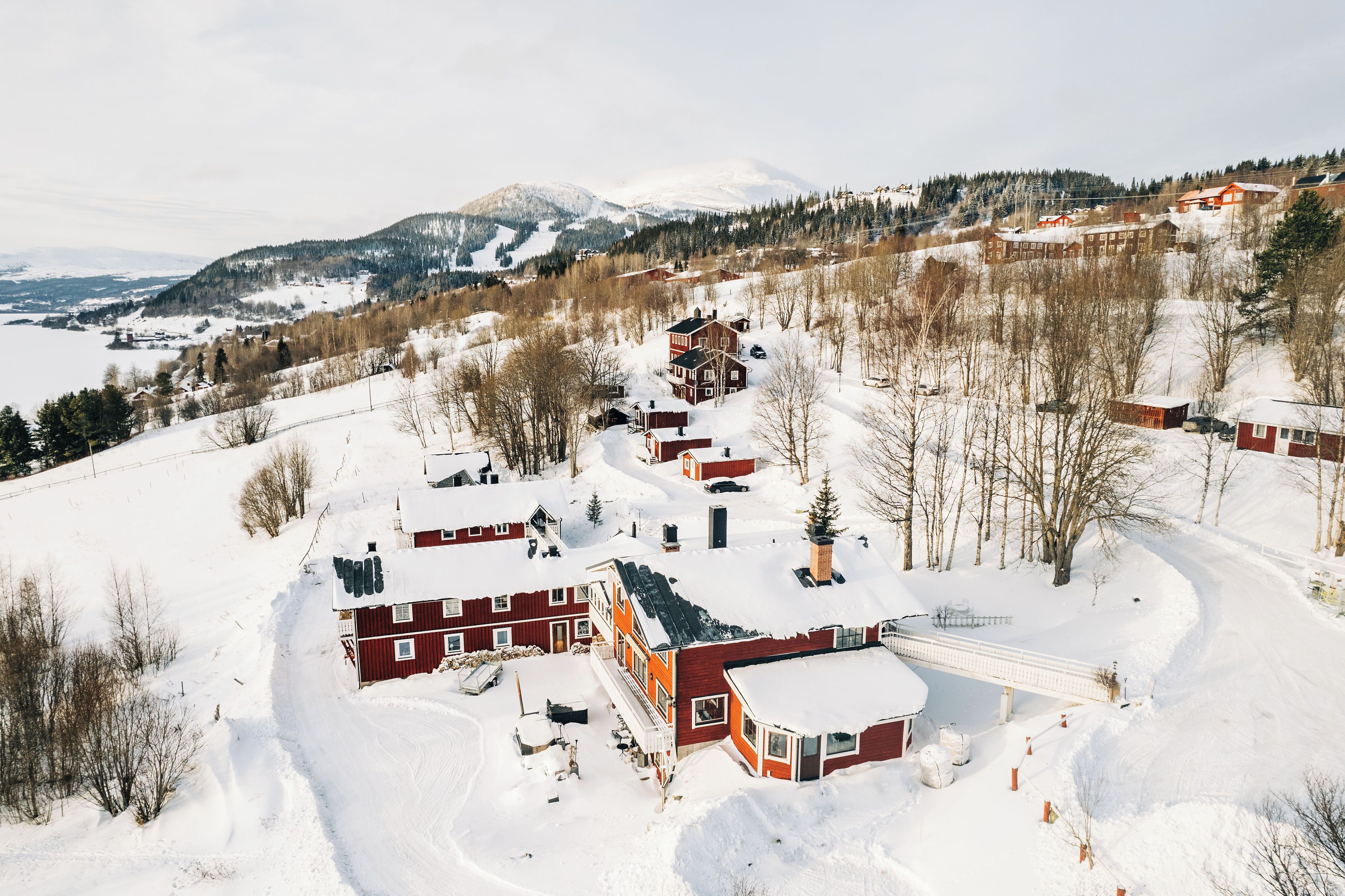 A snow-covered village with red houses and a mountain in the background.