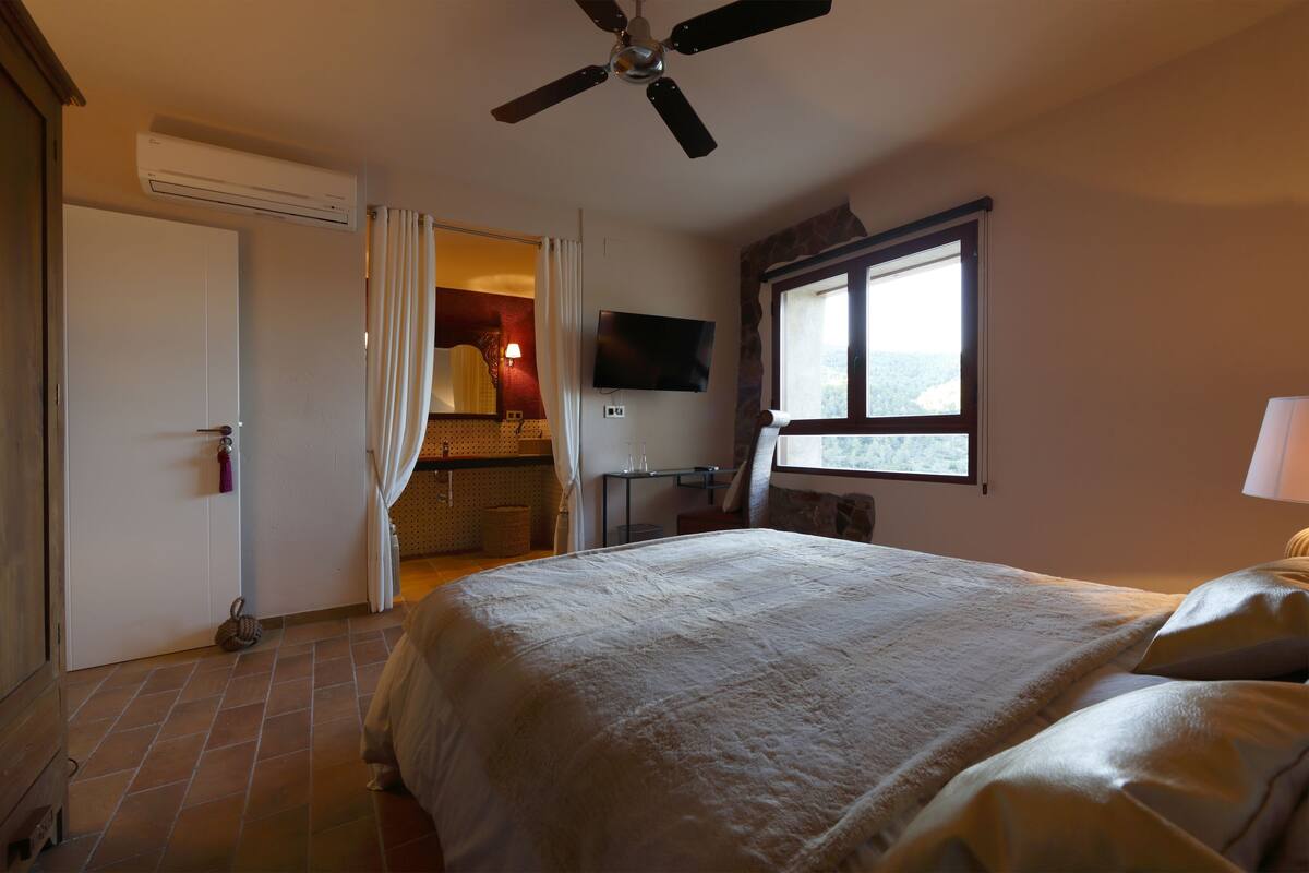 A bedroom with a bed, a ceiling fan, a TV, and a window with a view.