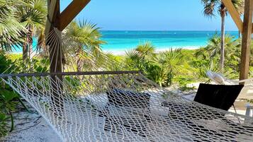 On the beach, sun-loungers, beach towels