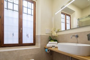 Shower, hair dryer, bidet, towels