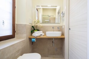 Shower, hair dryer, bidet, towels
