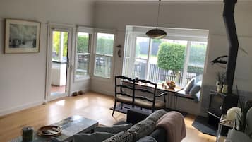 Smart TV, fireplace, books, music library
