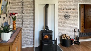 Una habitación acogedora con una estufa de leña, pared de ladrillo, puerta de madera y una planta pequeña en la encimera.