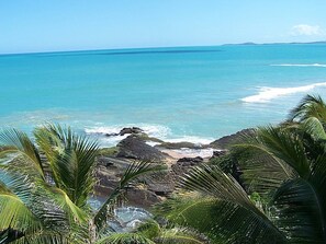 A coastal view with clear turquoise water, rocky shoreline, and palm trees. - Luquillo, 13th Floor with Ocean Front! (Luquillo)